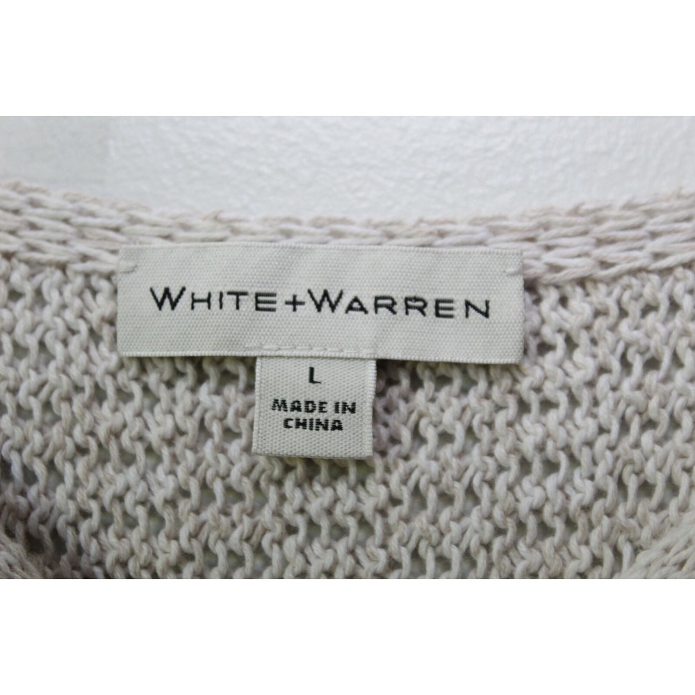 ✨2/$20 White + Warren Open Knit Fringe Trim Sweater Oatmeal Large Boho Coastal - Picture 7 of 16